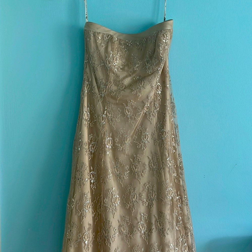 Dress is prefect for the prom or a special event. It’s tan like a sliver lace.